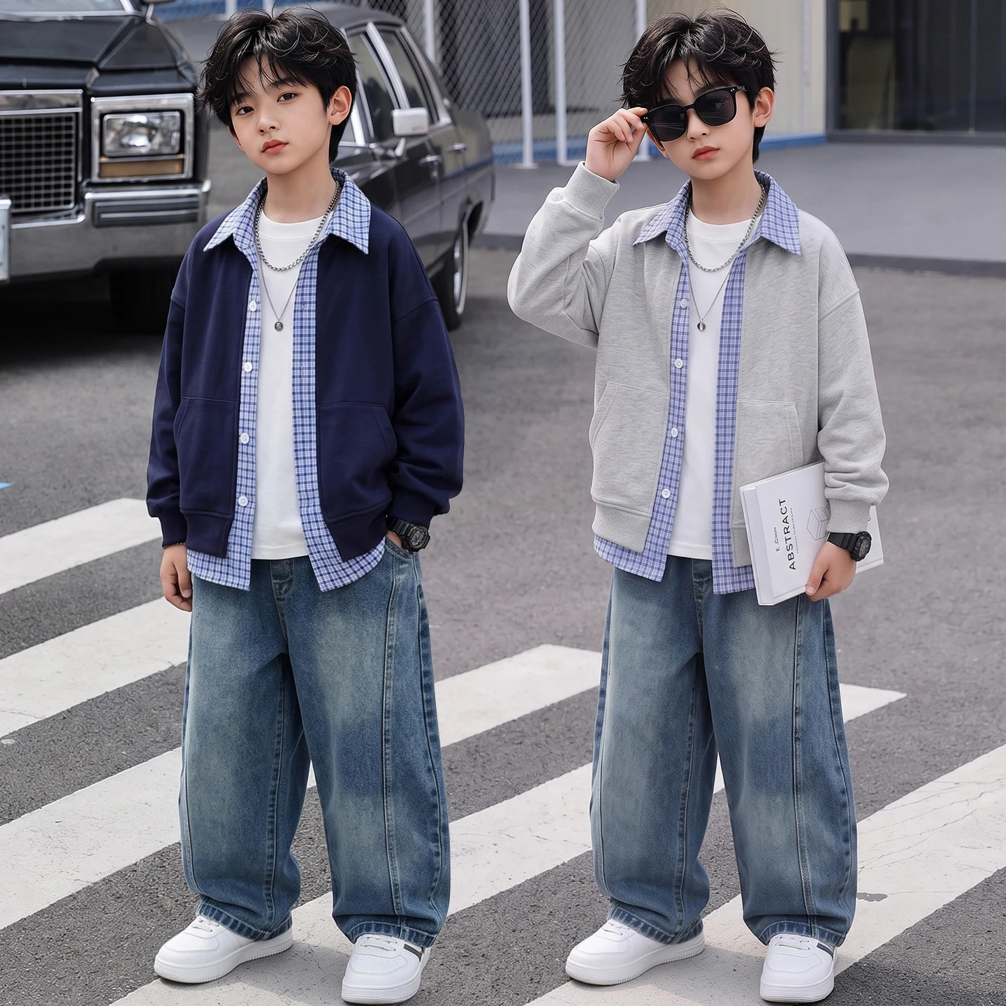 4-16 Years Kids Spring Autumn Fashion False 2-Piece Cardigan Children Plaid Collar Knitted Sweater Boys Casual Lapel Coat 6