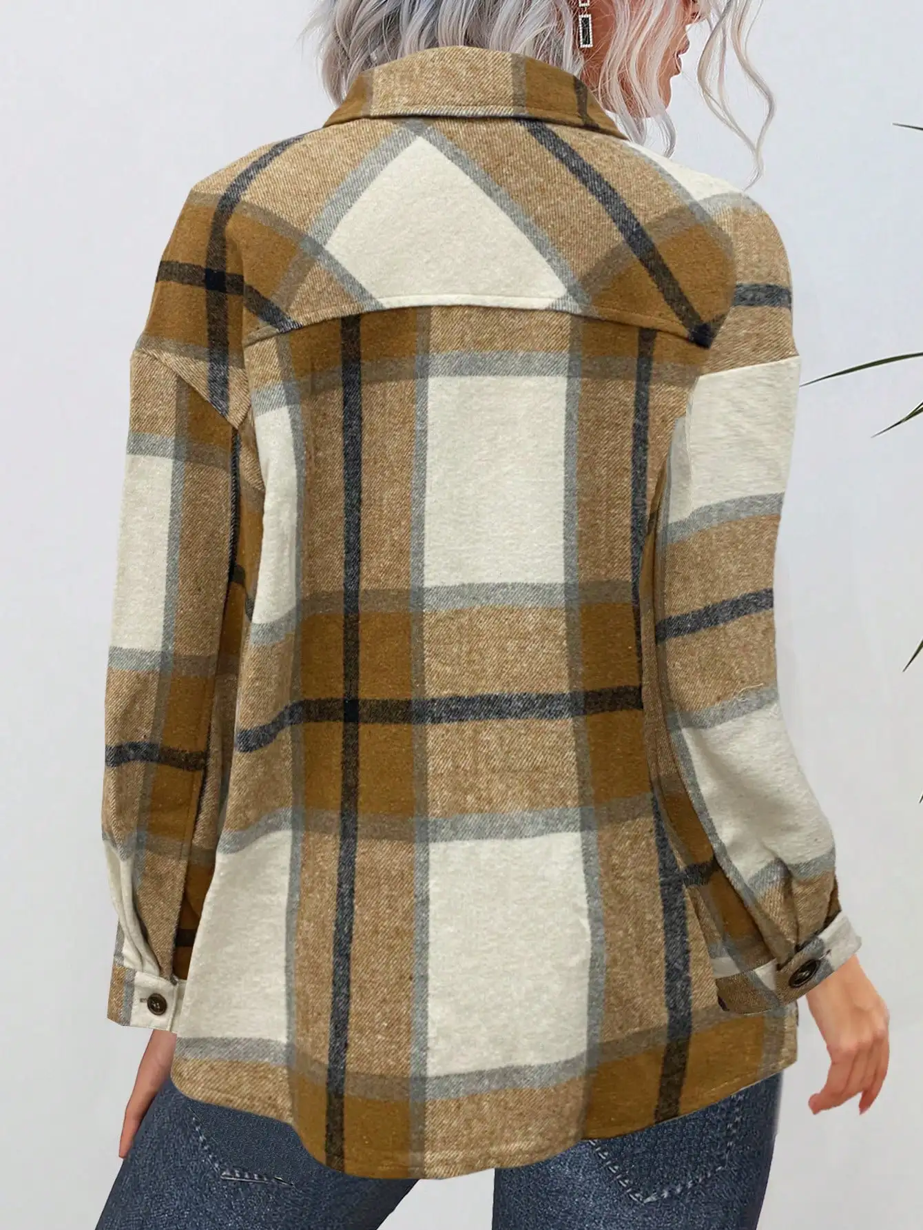 Camisa feminina retrô xadrez patchwork jaqueta com design de bloqueio de cor manga comprida nicho top