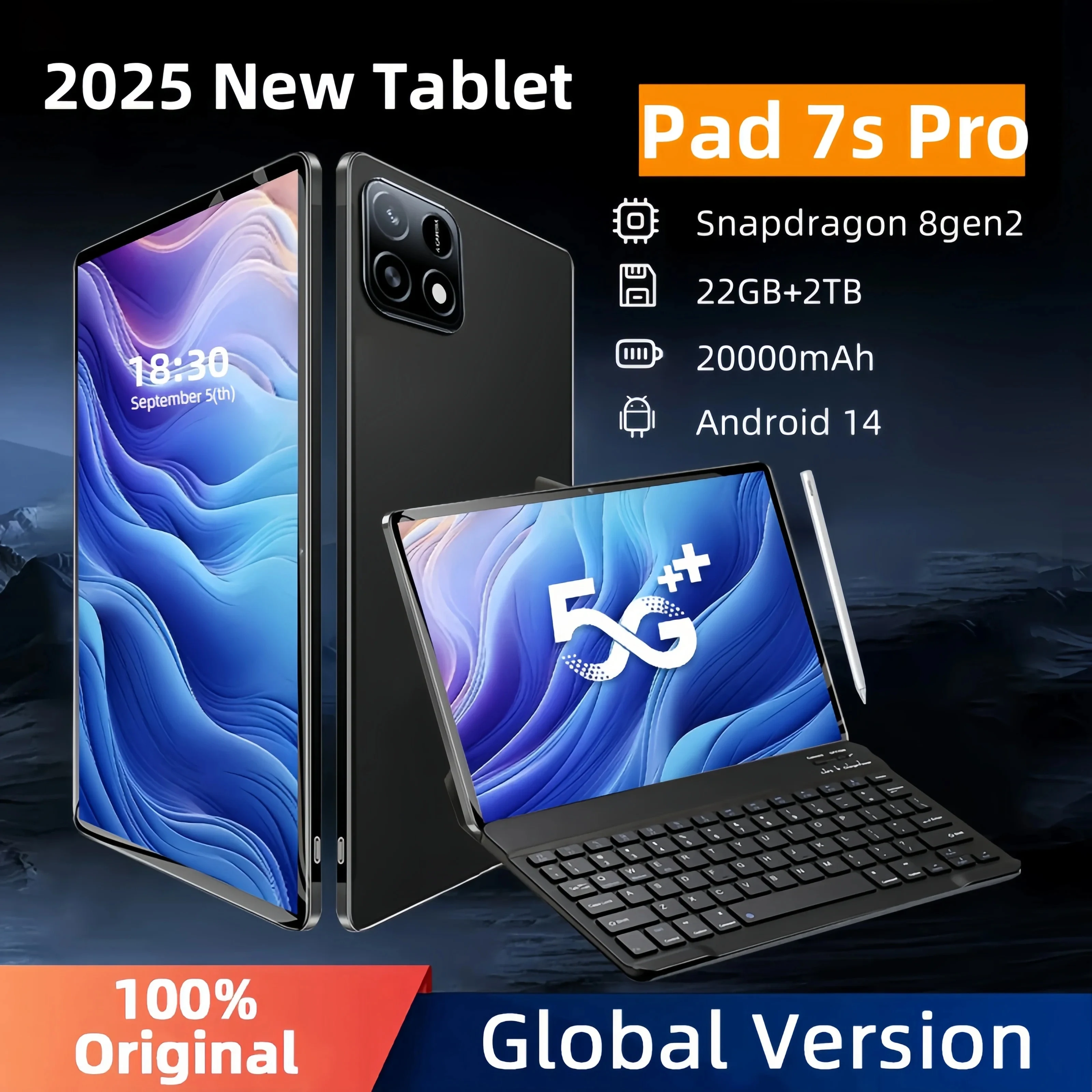 Global Version Original Pad 7S Pro 11inch Tablet Android 14 22GB+1TB 20000mAh 5G Dual SIM Bluetooth WiFi GPS HD 4K Screen Tablet