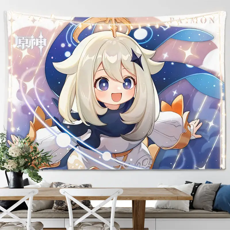 Genshin Impact Wall Tapestry Cute Game Paimon Tapestry Aesthetic Gift for Kids Boy Girl Game Room Wall Hanging Home Decor