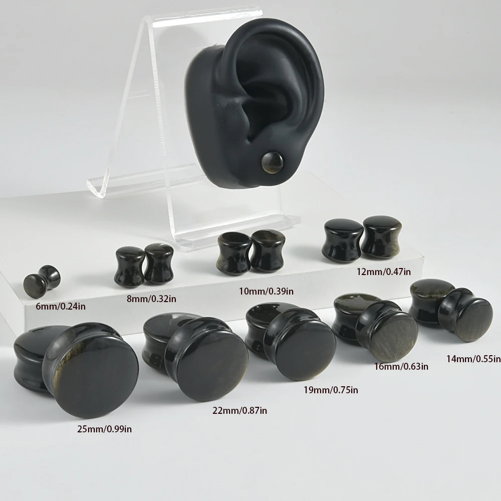 2Pcs Solid Obsidian Stone Double Ear Plugs Transparent Tunnel Gauge Ear Stretching Piercing Expander Jewelry 6-25mm