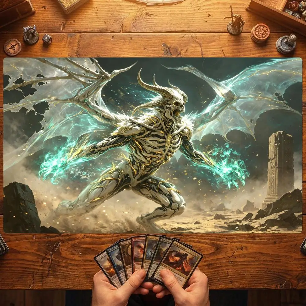 Bone Wing Lich Demon TCG Playmat 35X60CM Rune Flame Monster Magic Card Mat Non-Slip Durable Stitched Edge Tabletop Playmat