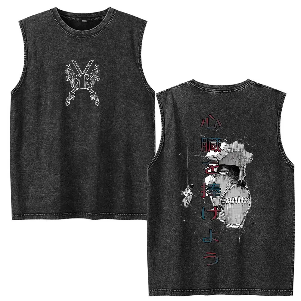 Anime Attack on Titan Eren Jaeger Washed Tank Tops T Shirts Men's Women Clothing Fashion Oversized Soft Sleeveless Vest T-shirt