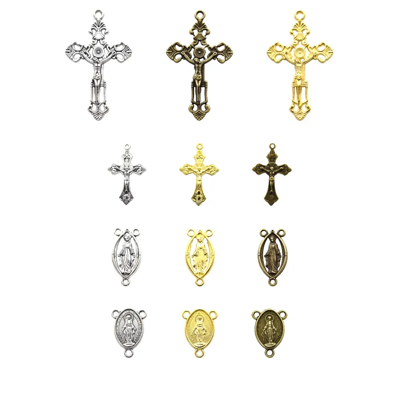 12pcs Center Miraculous Medal Easter Vintage Cross Crucifix Charms Alloy Pendants For DIY Rosary Bead Necklace Jewelry Making