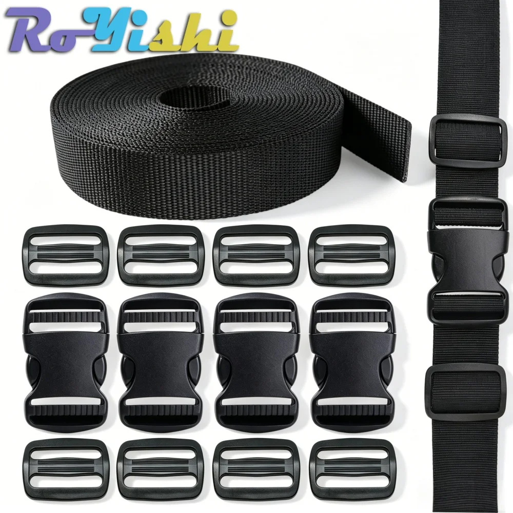 

5 Yards Nylon Webbing Strap,4xPlastic Side Release Buckles,8xTri-Glide Slides for DIY Luggage Strap and Backpack Buckles Strap
