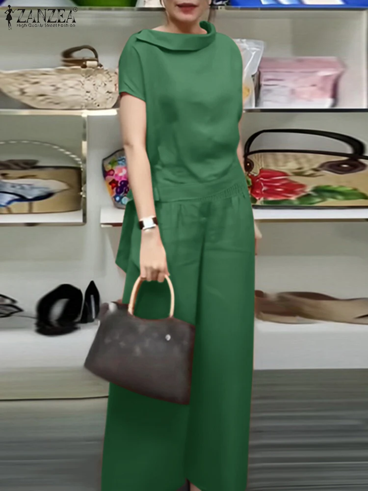 

Fashion Summer Work OL Pant Sets ZANZEA 2PCS Women Outfits Elegant Matching Sets Short Sleeve Solid Blouse Loose Trousers Suit