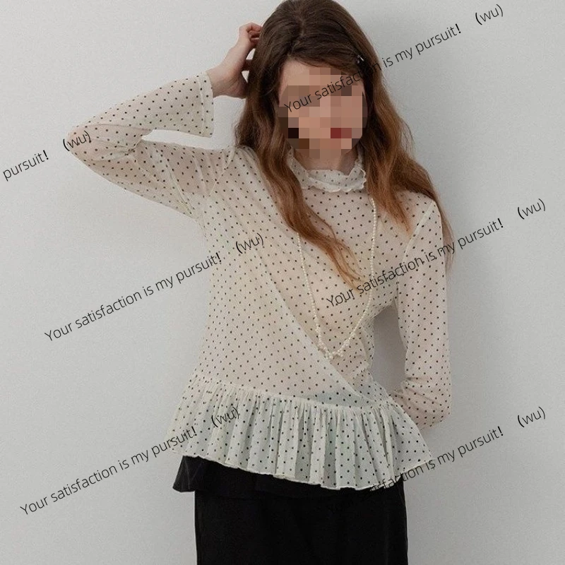 水玉模様のフリル付き長袖ニッチシックな重ね着風シャツシフォンシャツトップ