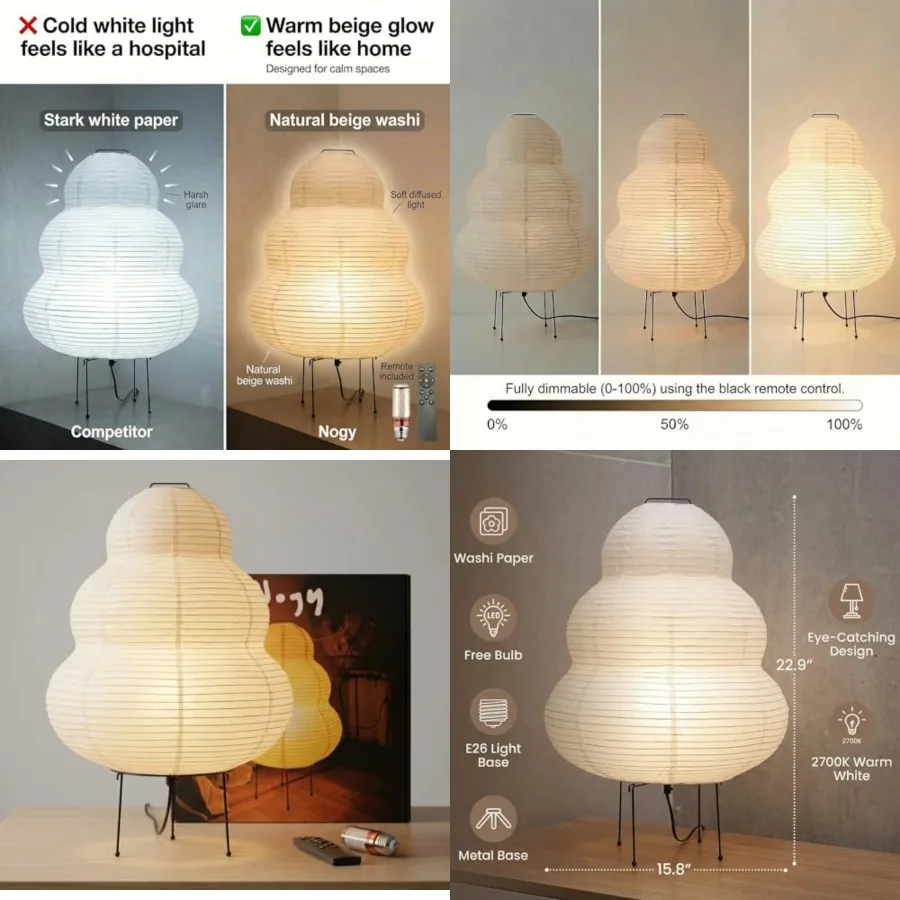 

Akari Noguchi Rice Paper Lamp • Japanese Paper Lantern Lamp • Japanese Japandi Floor/Table Lamp for Soft Ambient Lighting Akari