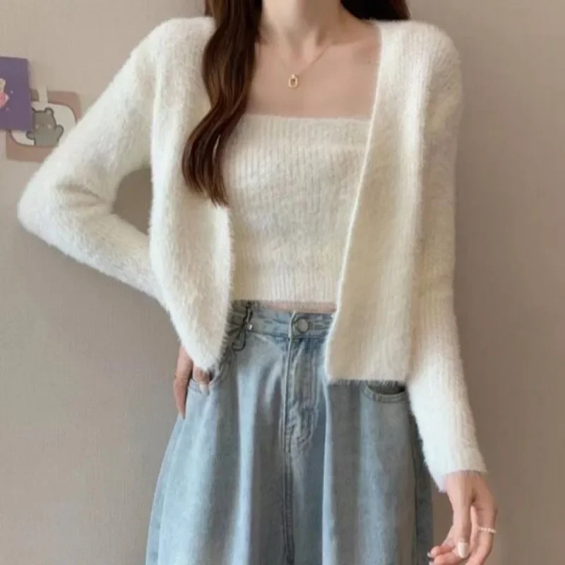 Autumn 2024 New 2pc Cardigans Vest Sets Women Knitted Sleeveless Sexy Camisole Fashion Casual Female Stretch Cardigan Coat