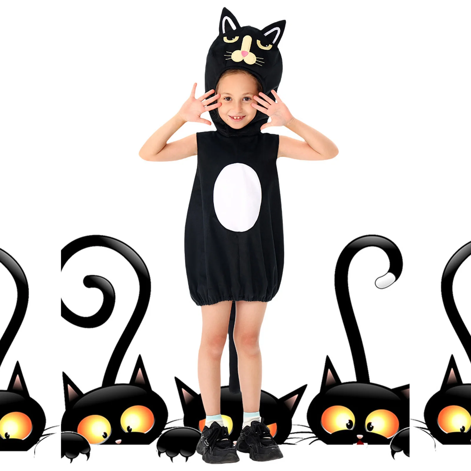 

Cute Toddler Kid Halloween Cat Costume Plush Sleeveless Mock Neck Tops with Hat 2 Pcs Set for Boys and Girls
