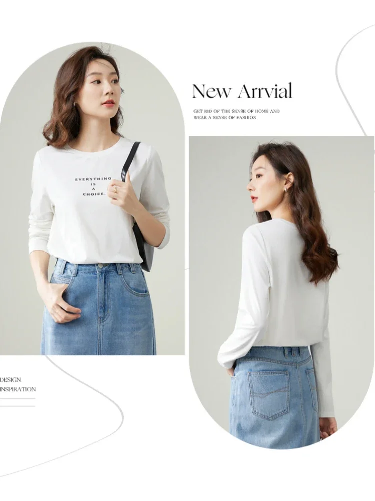 Vimly Basic Women's T-shirt 2023 Autumn Simple Letters Long Sleeve Tops Casual Loose Fit Round Neck Pullovers White Base Tees