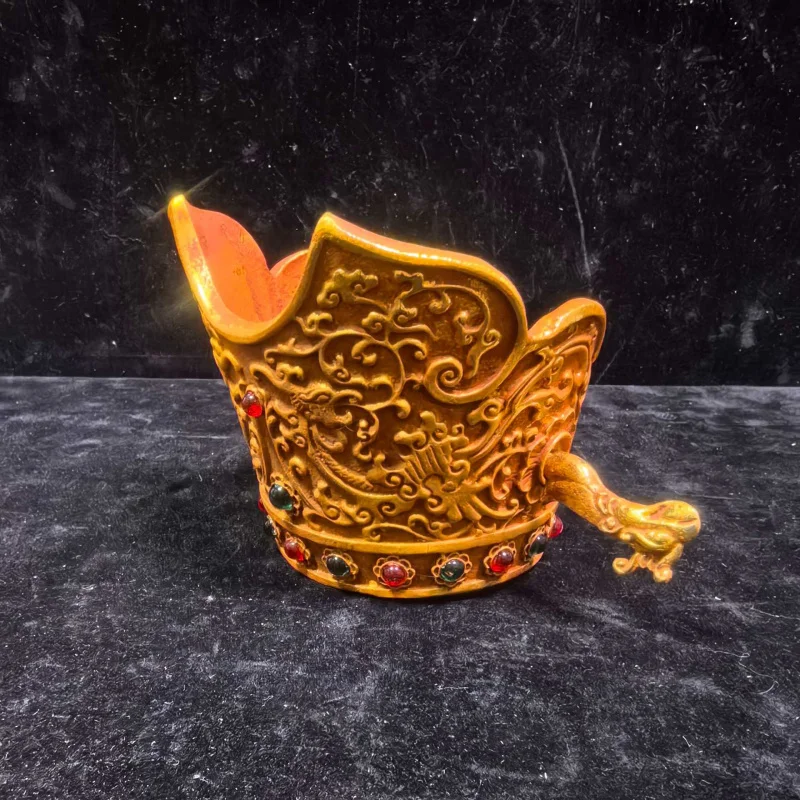 Vintage solid gemstone-embellished engraved Tang Dynasty official hat with double dragons, imperial crown, dragon and phoenix ha
