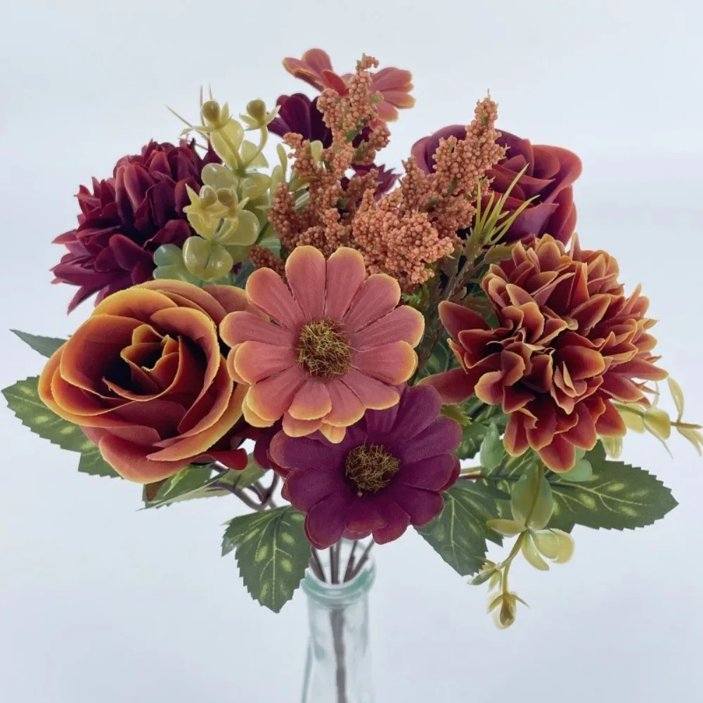 Künstlicher Rosen-Chrysanthemenstrauß mit 7-Gabeln in Herbstfarbe – lebensechte Herbstblumen aus Seide für Heimdekoration, Hochzeit, Thanksgiving – Detail 3