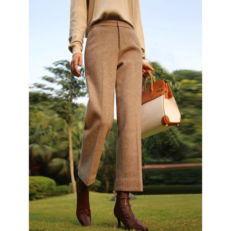 

Woolen Thick Ankle-Length Pants for Women2024Autumn and Winter New High Waist Commuter Cigarette Pants Small Commuter Wide-Leg P