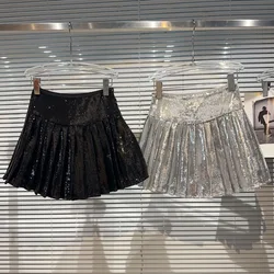 Pleated Skirt Girls Shiny Spring Autumn New Fashion Sequin Elasticity Pleats 2024 Childrens Clothing Fashion Korean