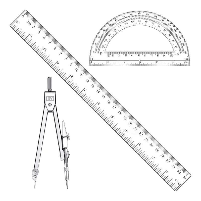 Ingenious-Geometry Set-3-Piece For School& Office:12 Inch Ruler, Clear Protractor, Stainless Steel Compass