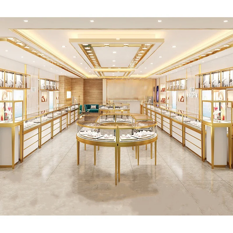 Custom, luxury gold glass cabinet jewelry store fixture jewelry shop interior design showcase