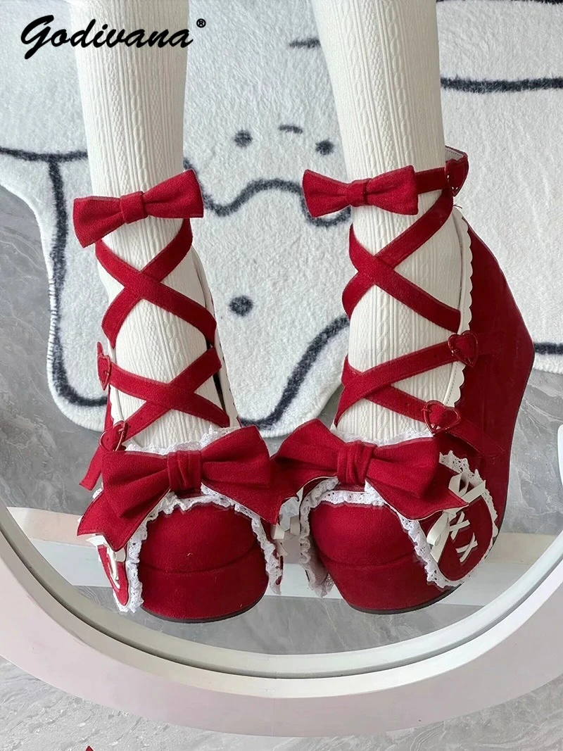 

Original Spring Sweet Bow Girl Women's Cute Rabbit Ear Lolita Platform Shoes Elegant Ladies Leather Shoes Suede High Heels