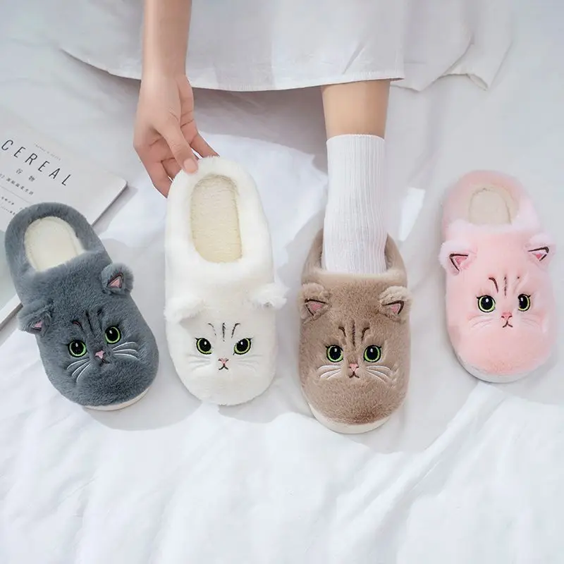 Winter Home Pink Slippers Women Shoes Cute Cartoon Cat Slippers Men Warm Plush Slides Indoor Bedroom Non-Slip Floor Slipper