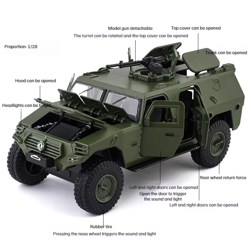 1:28 Warrior Military Vehicle And Multi-Door Openable Acousto-Optic Pull-Back Car Model Toy Play Vehicles Children Toy Gift