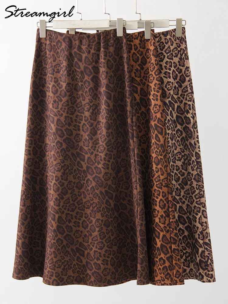 Winter Luipaardprint Suède Rok Lange Vrouwen Herfst Vintage A-lijn Bruine Maxi Rokken Voor Vrouwen Winter Warm Suede Luipaard Rokken