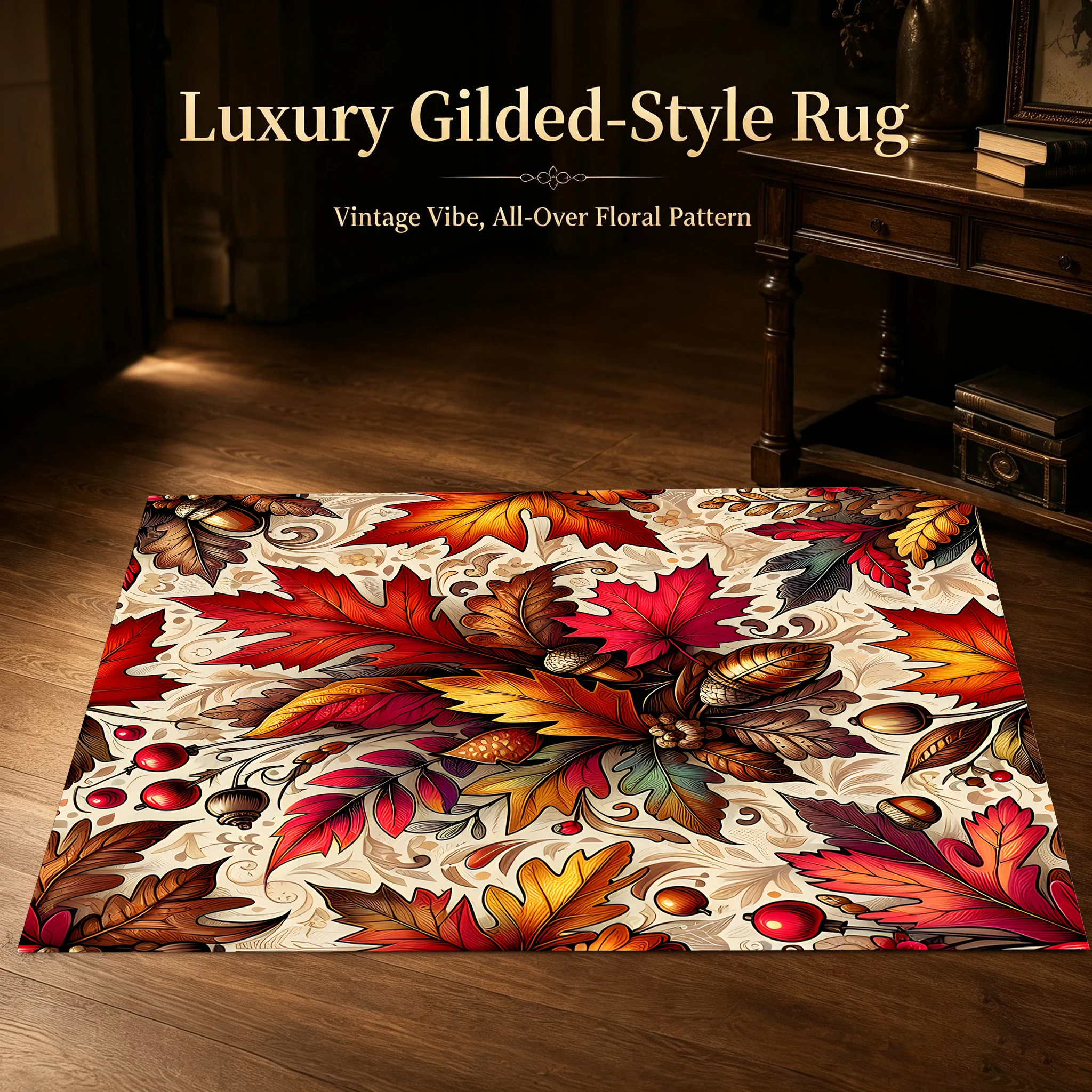 Velvet Rug Red Maple Acorn Berry All over Retro Oil Painting for Living Room Bedroom Entryway Decor