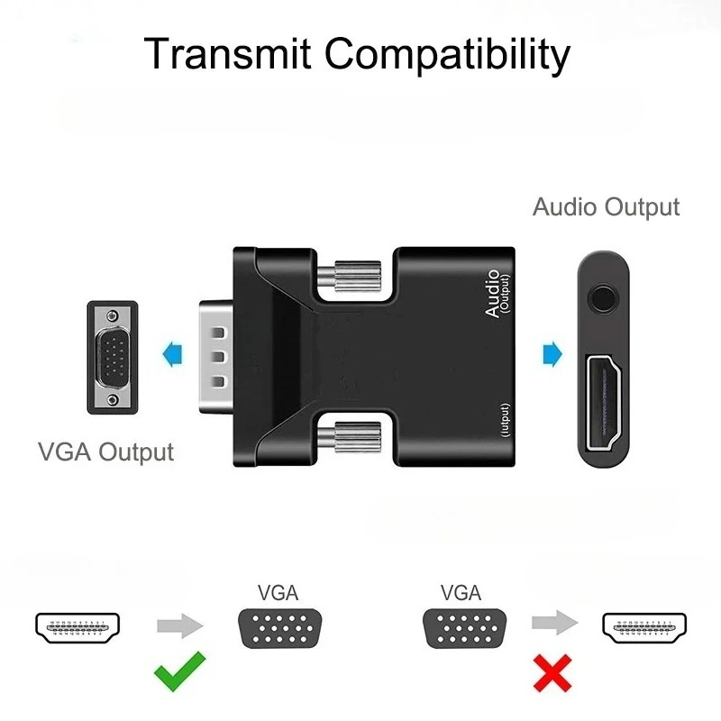 HD-compatible to VGA Adapter with 3.5mm Audio Cable For PC Laptop TV Box Projector HD 1080P VGA to HD-compatible Converter