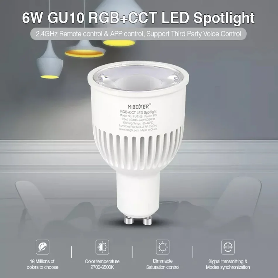 GU10 6W RGB+CCT LED Spotlight  FUT106 RGBCCT Dimmable Bulb 85-265V FUT092 RF 2.4G Remote WL-Box1 WiFi Wireless Control set