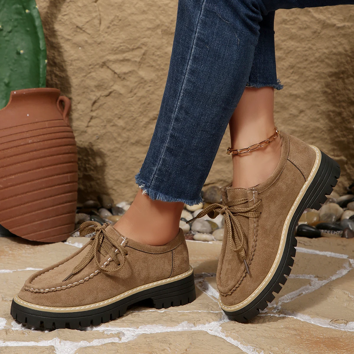Women Suede Thick Sole Lace Up - Sewing Latex review and price