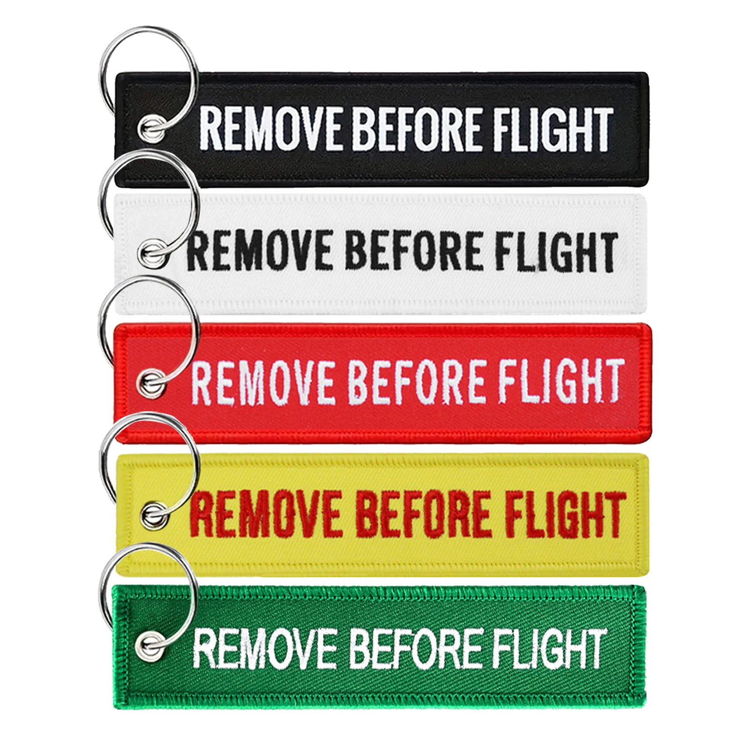 5Pcs Remove Before Flight Tags Keychain Keyring Rectangle Polyester Embroidery Message Multicolor