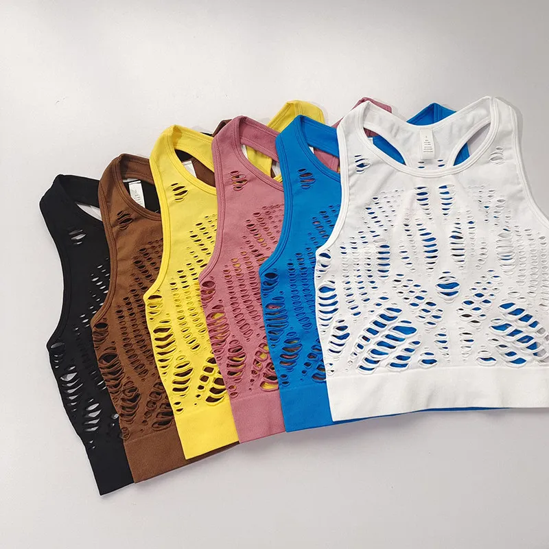 Women's Bright Color Hollow Out Sports Running Vest Summer Thin Quick Dry Sexy Slim Crop Top Yoga Wear