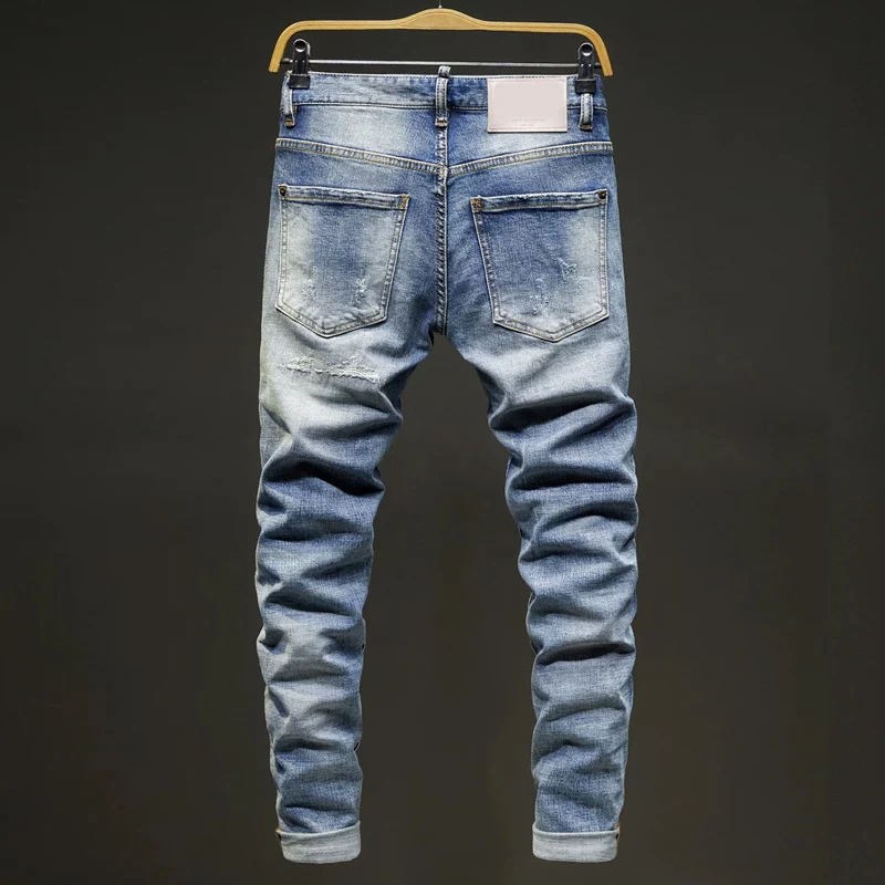 Men Washed Light‑Blue Whisker Distressed Scratch Ripped Stretch Skinny Denim Jeans Hip‑Hop Streetwear Denim JeansY2K