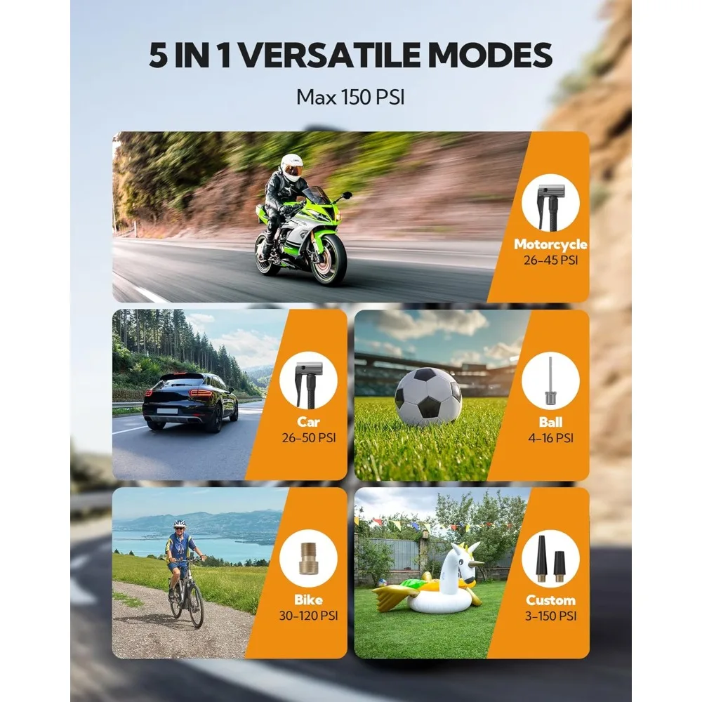 منفاخ إطارات ضاغط هواء محمول، مضخة هواء محمولة 150 رطل لكل بوصة مربعة للسيارات - مضخة دراجة لاسلكية صغيرة مع مقياس الضغط، كهربائية #6
