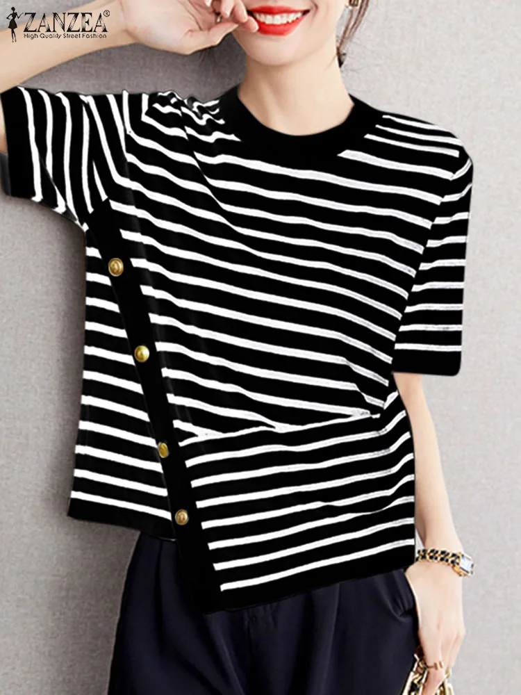 

ZANZEA Korean Fashion Short Sleeve Blusas Women Striped T-Shirt 2025 Summer Irregular Hem Tops Casual Loose All-match Tunic Femm