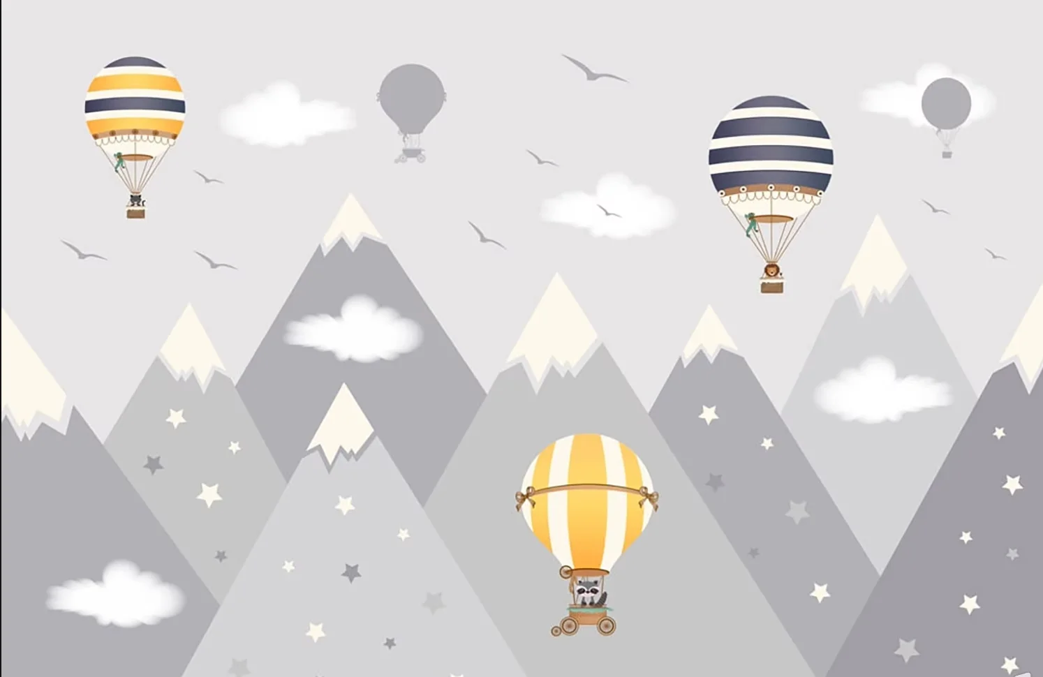 Customized wallpaper Sky White Cloud Cartoon Hot Air Balloon Geometric Mountains Children's Room interior background wallpaper