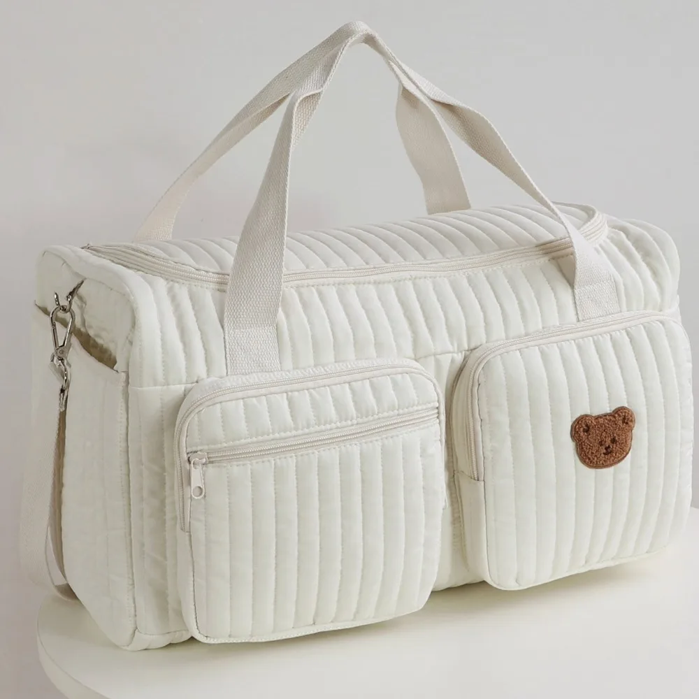 Borsa per pannolini ricamata con orsetto carino, leggera e pratica borsa per il cambio dei pannolini, per il tempo libero con borsa per bagagli con tracolla