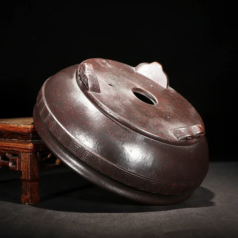 yesCeramic Circle Carved Bonsai Pot, Cloud-feet, Purple Sand, Nature Color, Chinese Dormitory, Garden, Home Table Decoration