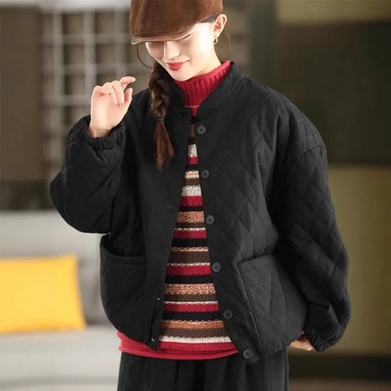 سترات نسائية شتوية كورية منقوشة من Mass Wass سترات مبطنة فضفاضة ودافئة ملابس خارجية كلاسيكية للترفيه معاطف عتيقة