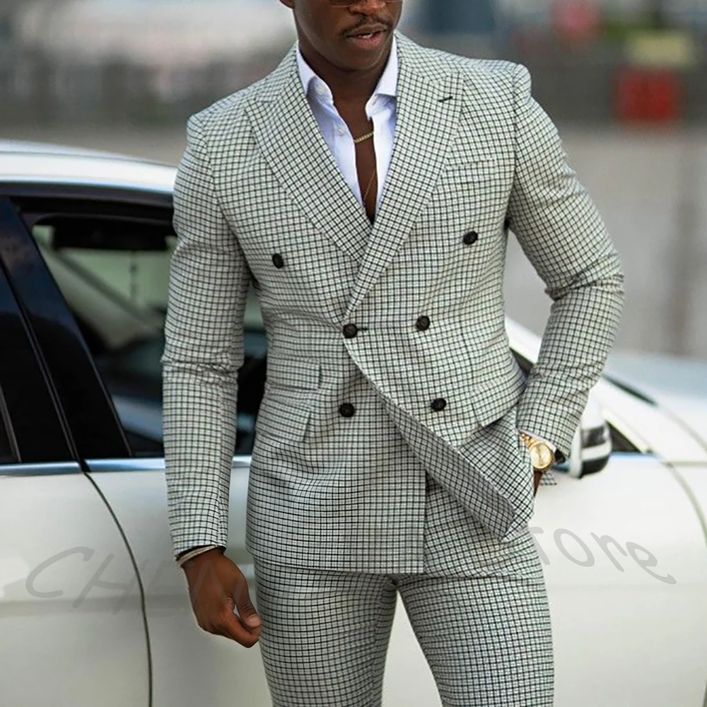 

Classic Plaid Slim Fit Men Suits British Style Elegant Double Breasted Business Casual Formal Evening Party Event Male Set