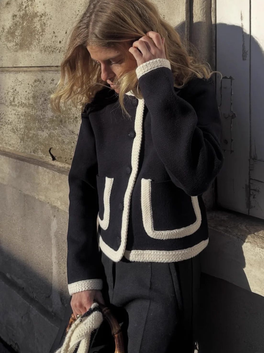 

Women's Wool Blend Short Jacket Color Contrast O-Neck Long Sleeve Single Breasted Elegant Ladies Coat