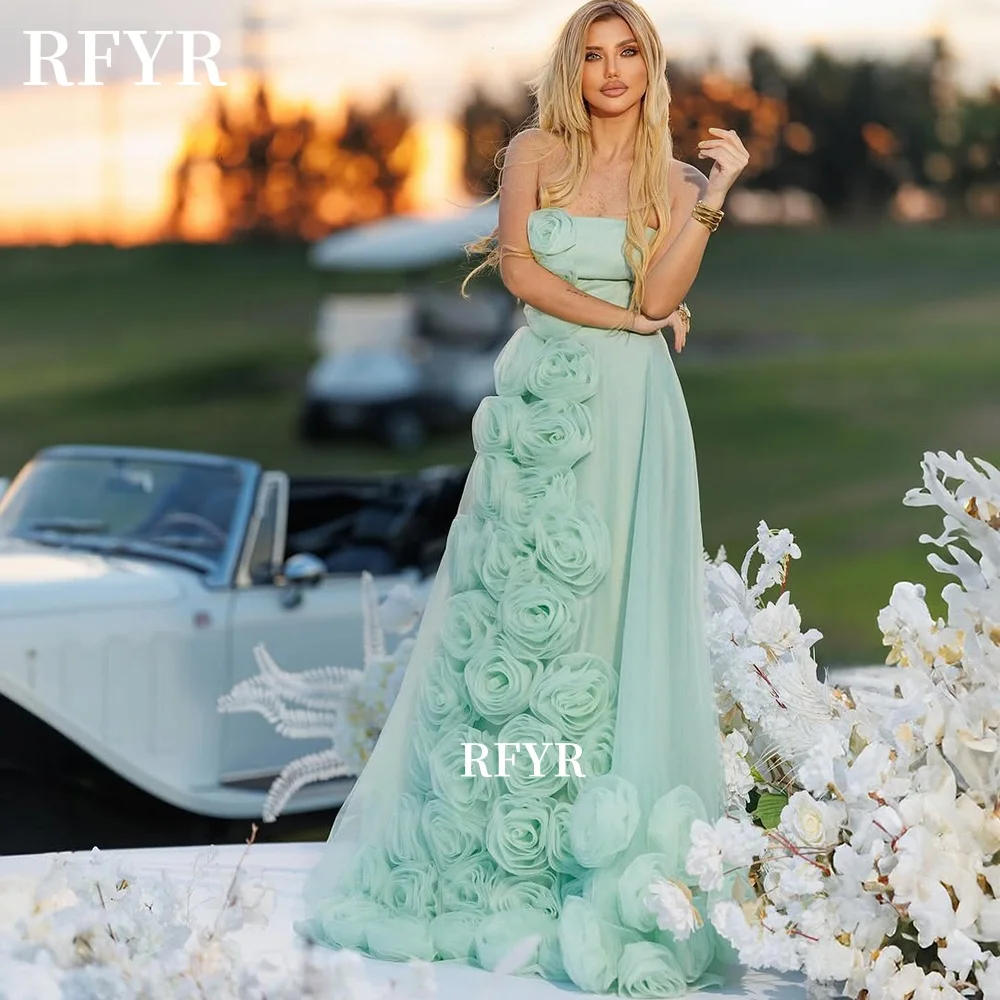 

RFYR Floral Prom Dress 3D Flowers Evening Party Gowns A Line Princess Gowns Formal Celebrity Gala Gowns for Women Customized