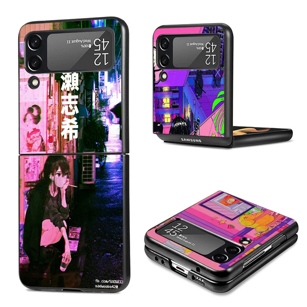 Anime Vaporwave Glitch Purple Hard Black Cover for Samsung Galaxy Z Flip 4 3 5 5G Phone Case Flip4 Flip3 Flip5 Pattern Luxury