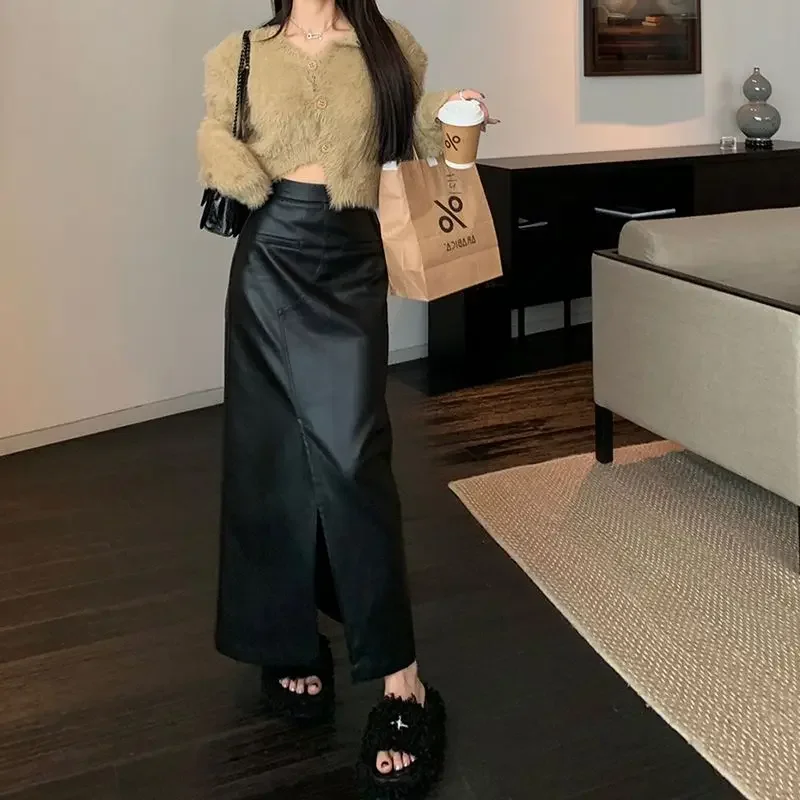 2024 Winter Black PU Leather High Waist Skirt for Women Autumn and Winter Loose Knee-length Split A-line Hip Wrapping Long Skirt