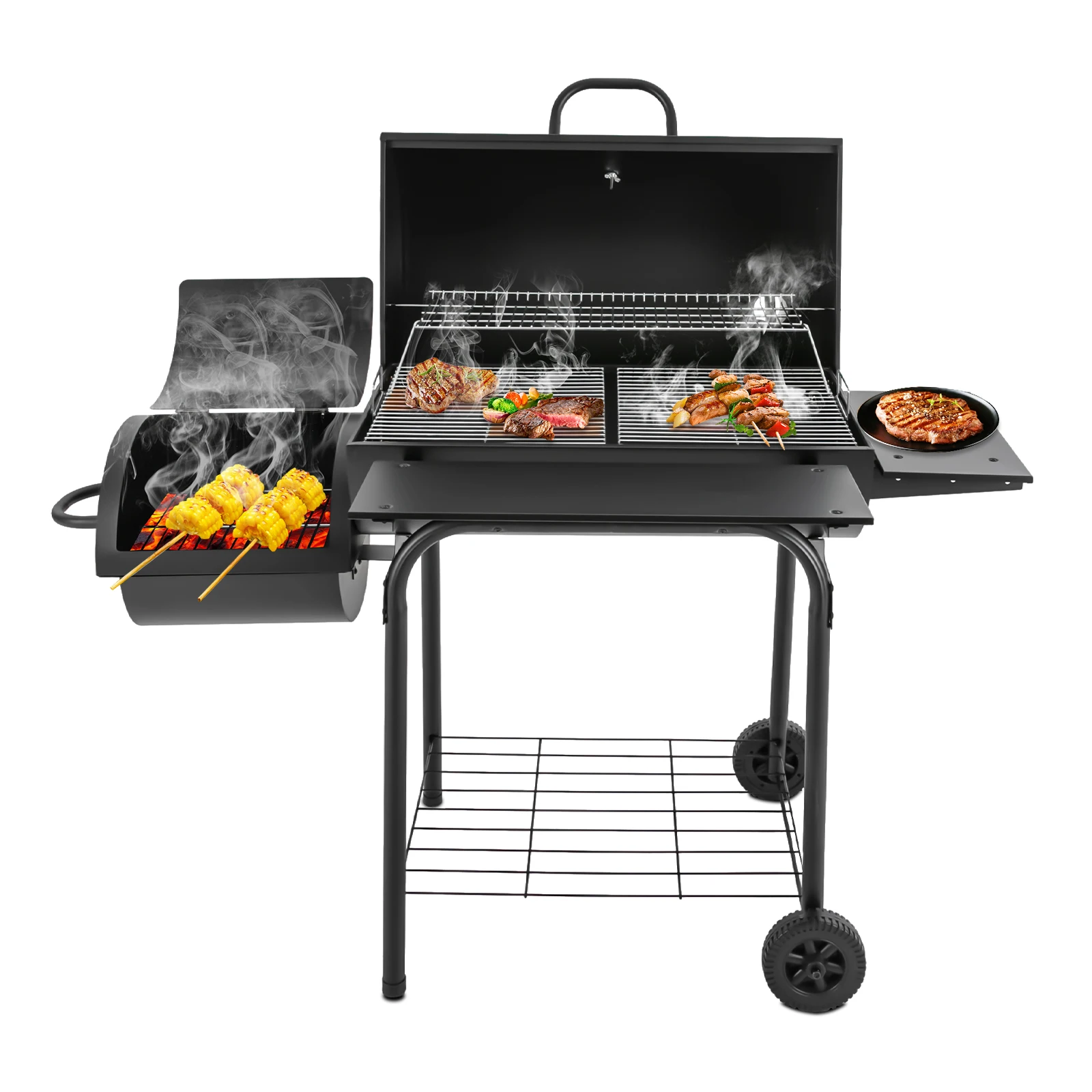 Parrilla de carbón para acampar al aire libre, parrilla con soporte de acero de aleación negra con tapa para 10 personas, para acampar en el jardín, 147*70*126cm