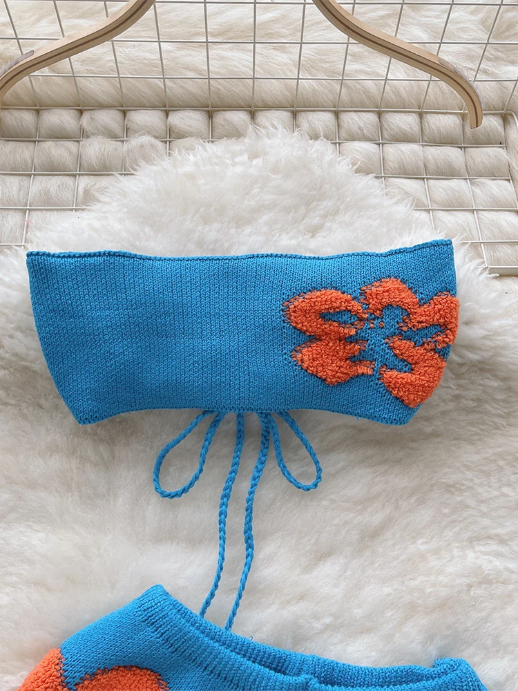 بدلة نسائية زرقاء مكونة من قطعتين بلوزة قصيرة بدون أكمام مع تنانير صغيرة 90s عتيقة Y2k أطقم تنورة محبوكة ملابس 2000s