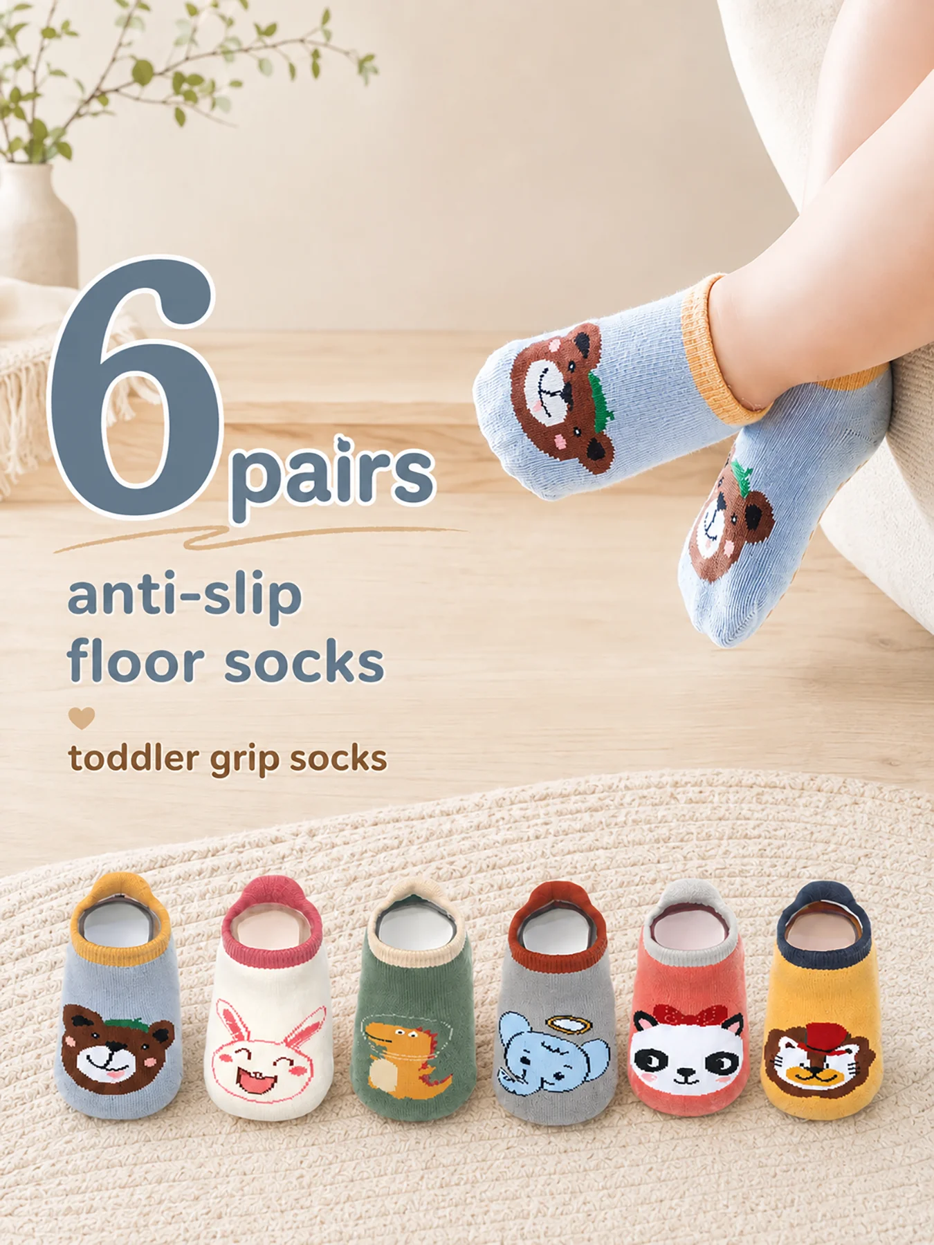 6 Pairs of Baby Cartoon Non-slip Floor Socks, Silicone Grip Short Socks for Toddler Walking,