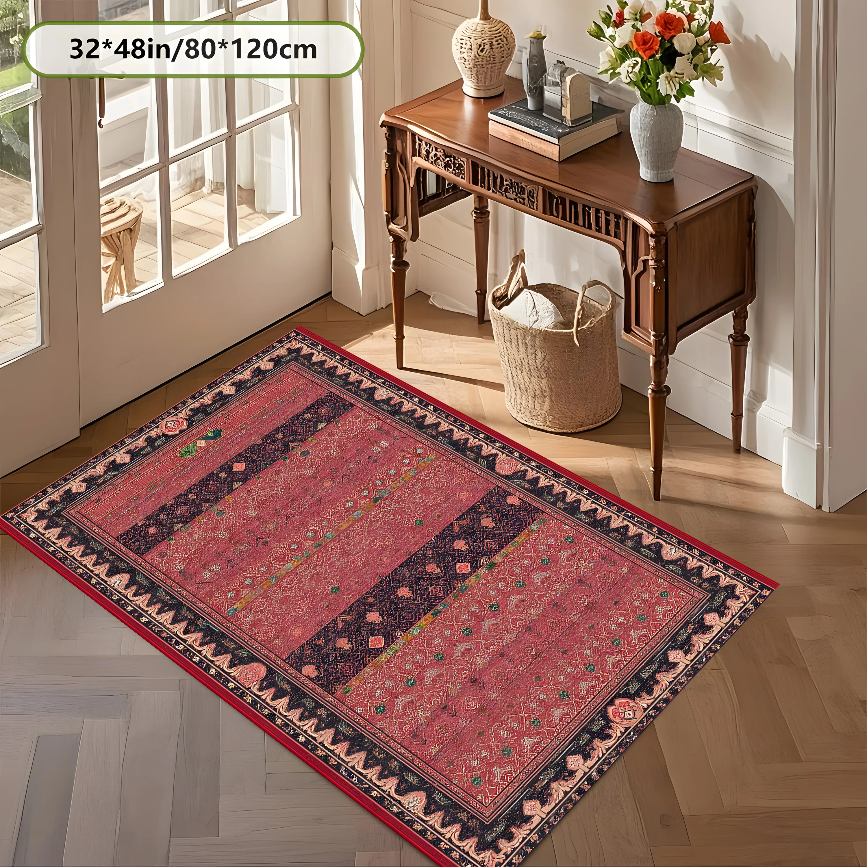 2D Carpet with Red Ethnic Patchwork Dark Pattern in Retro Exotic Style for Living Room and Bedroom