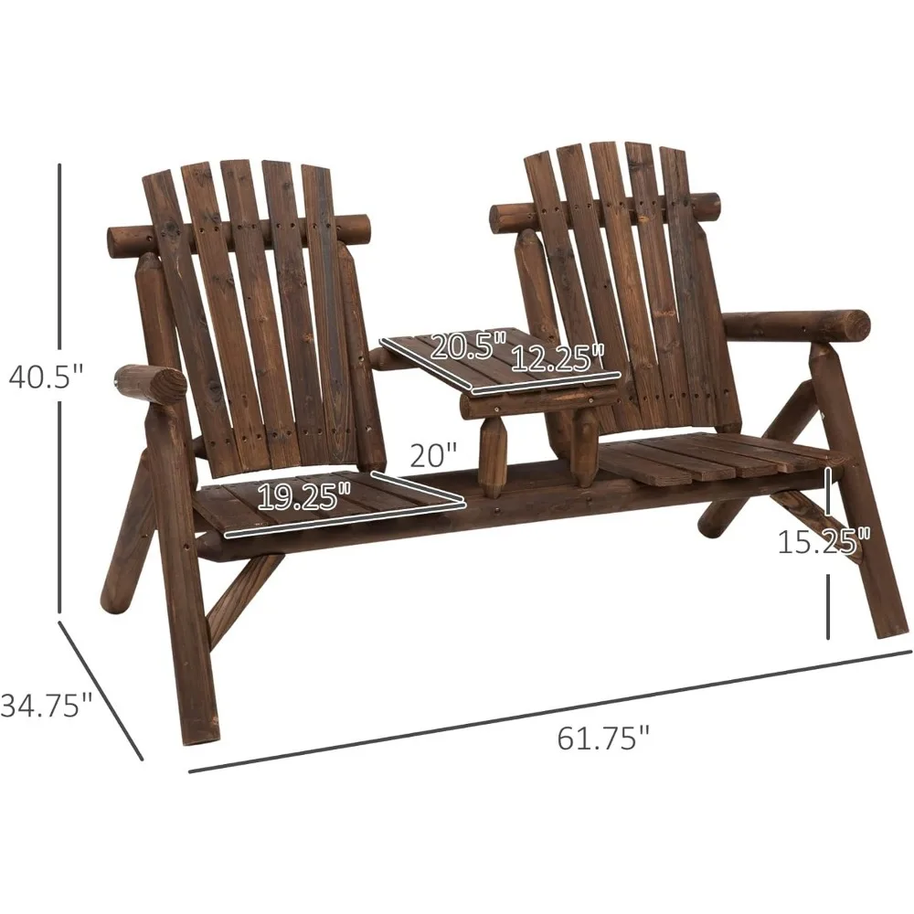 2-Seat Wooden Adirondack Chair, Patio Bench with Table, Outdoor Loveseat Fire Pit Chair for Porch, Backyard, Deck, Carbonized