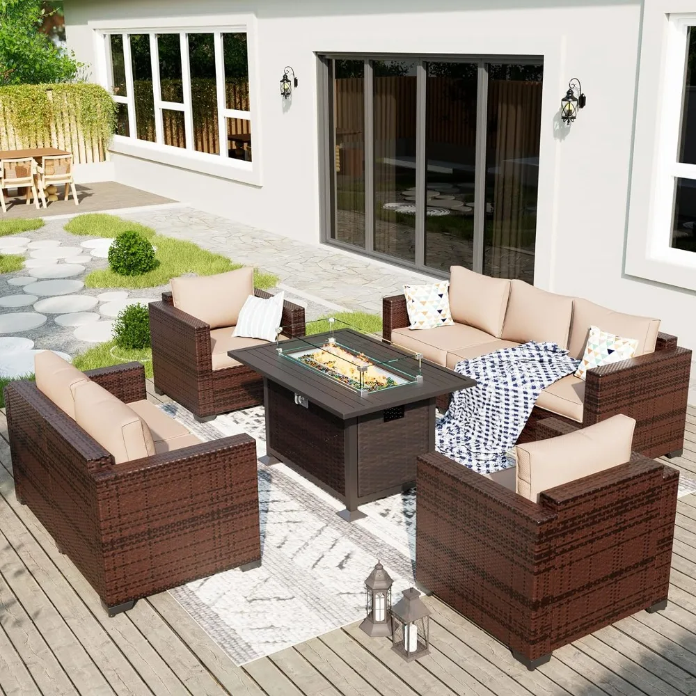 

7 Piece Patio Furniture Set with Fire Pit Table, Rattan Patio Sofa Set with Glass Top Rectangle, Khaki