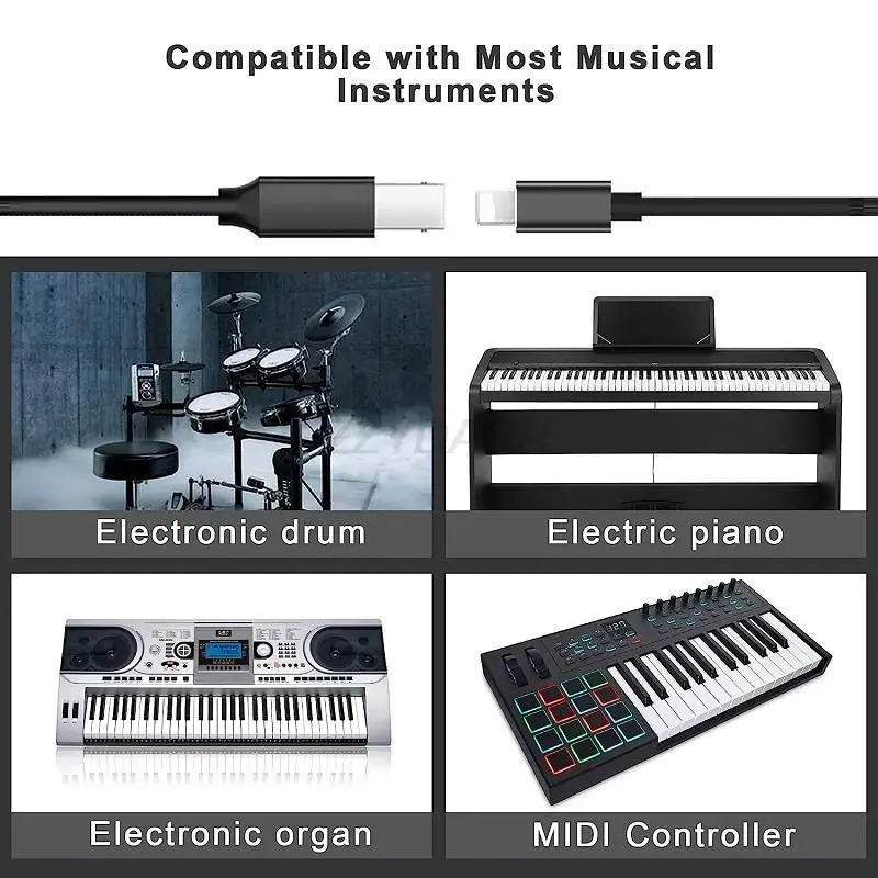 3 in 1 Midi Cable USB C/USB A/Lightning to USB B Piano Cable OTG Compatible with HP Canon Brother Yamaha Piano MIDI Controller